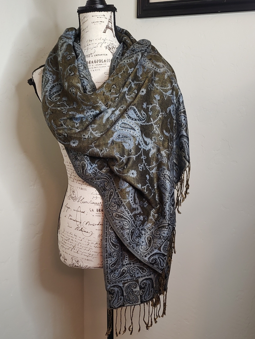 Pashmina & Silk Scarf Blue Light Chocolate Brown Paisley Fringe Boho-Chic